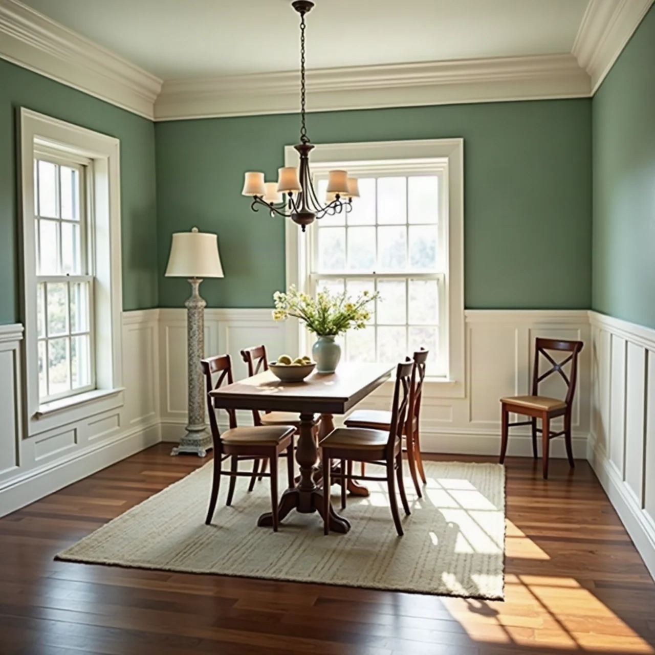 Elegant freshly painted dining room with sage green walls, white wainscoting and crisp ceiling line, morning light through window, tidy and finished, interior d