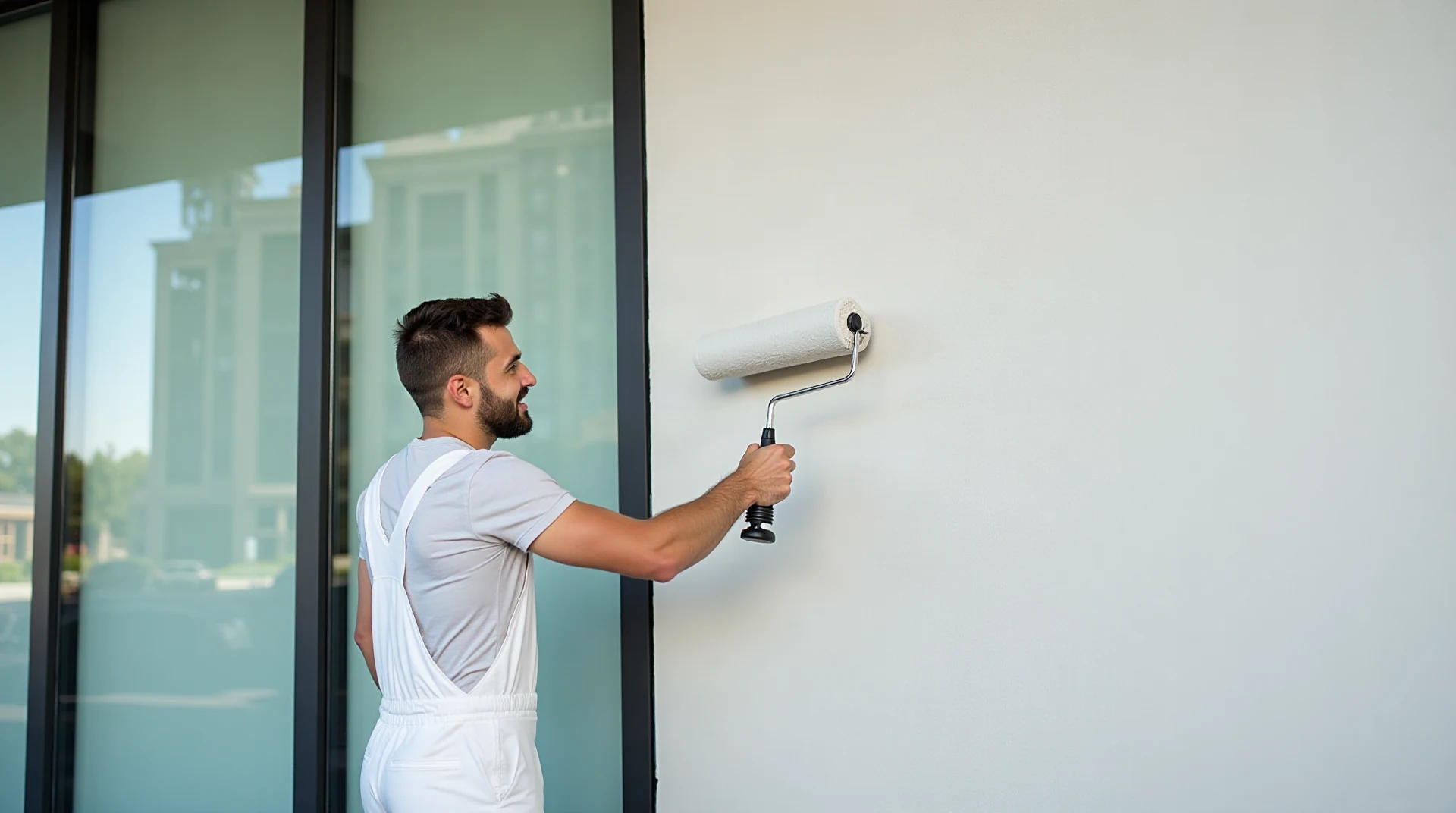 Professional painter in white overalls rolling fresh paint on the exterior wall of a modern commercial building with large glass windows, clean facade with no s