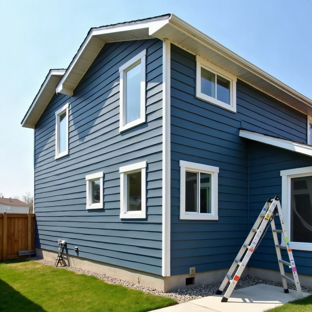 Two-storey suburban house exterior freshly painted, clean siding in deep slate blue with crisp white trim and window casings, painter's ladder leaning against t
