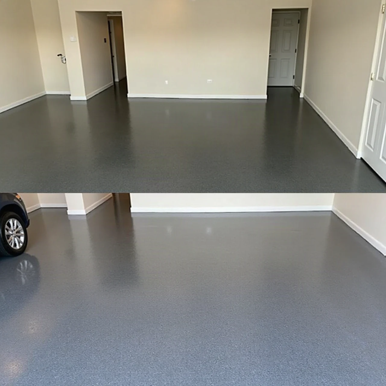 Glossy grey epoxy floor coating freshly applied in a clean residential garage, reflective smooth surface, professional photography, no text