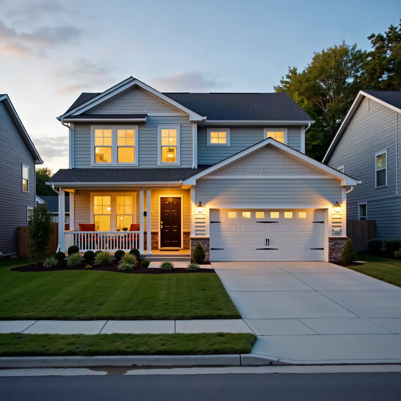 Finished family home in a suburban neighbourhood with freshly repainted siding, front porch and garage door, warm evening light, lawn and shrubs, professional r