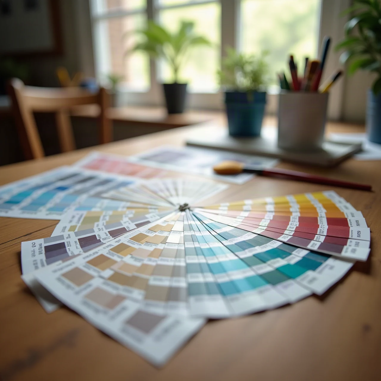 Paint colour swatch cards fanned out on a wooden table beside a brush and an open paint tin, soft window light, planning a painting project, photographic, no te